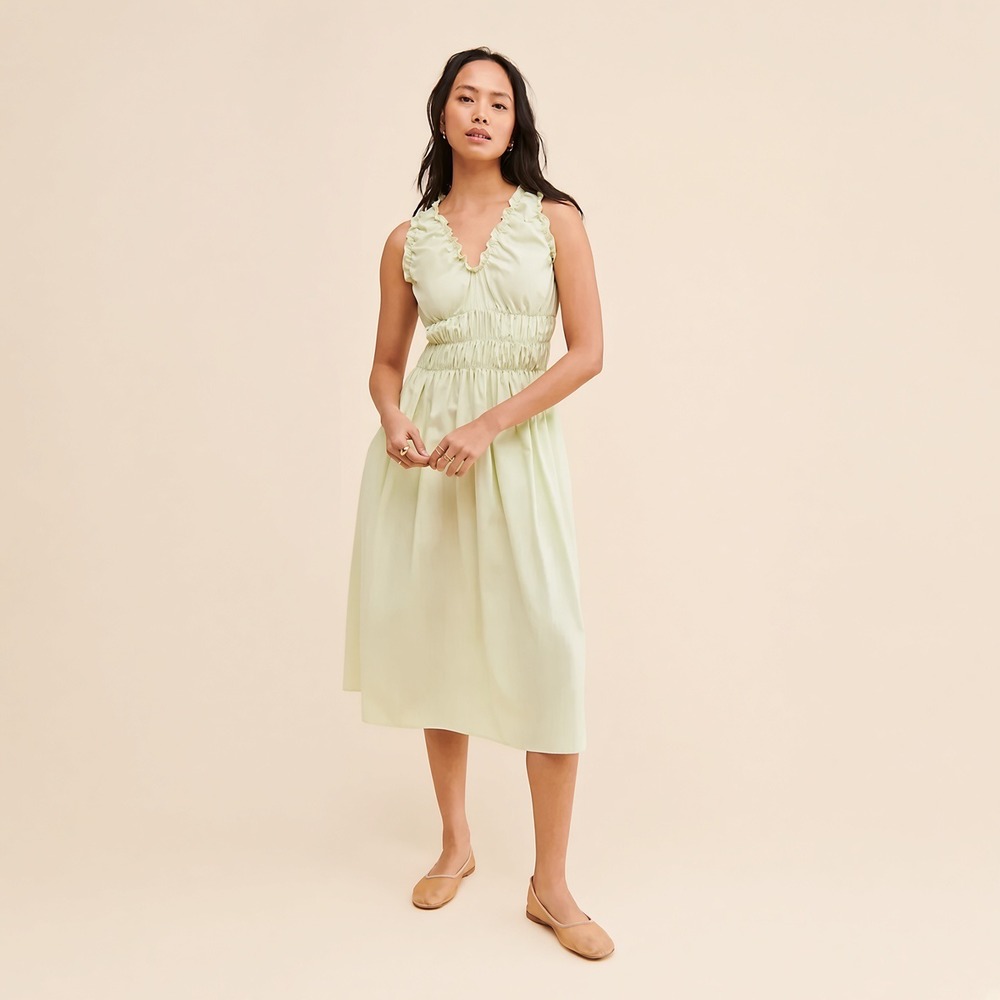 Naya Rea Ulla Midi Dress Anthropologie Pale Green Smocked Ruffle Cotton Size M